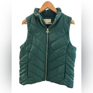 NWOT Michael Kors Quilted Puffer Vest Women’s L Emerald Green Gold Zipper Pocket
